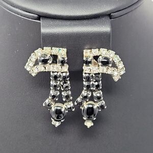 Vtg‎ 40s Art Deco Black Rhinestone Clip-On Earrings Abstract Articulating Dangle